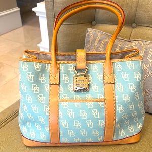 Dooney&Bourke turquoise canvas and Tan leather shoulder bag.